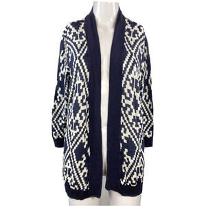 Talbots Cardigan Womens‎ Sz M Navy Blue White Pattern Open Front Linen Cotton